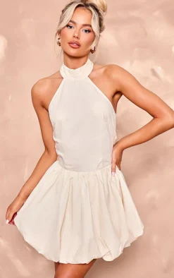 Cream Woven High Neck Tie Back Puff Ball Dress