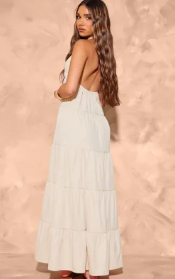 Cream Woven Tie Halterneck Tiered Maxi Dress