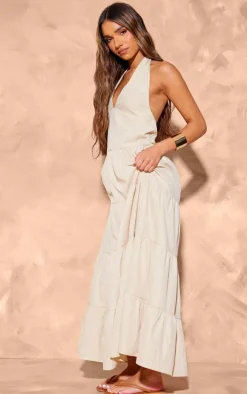 Cream Woven Tie Halterneck Tiered Maxi Dress