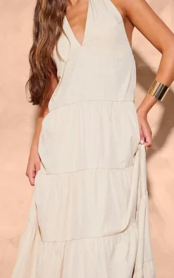 Cream Woven Tie Halterneck Tiered Maxi Dress