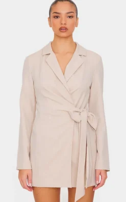 Cream Woven Tie Wrap Blazer Dress