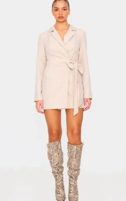 Cream Woven Tie Wrap Blazer Dress
