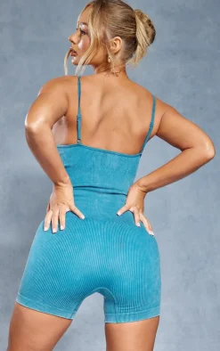 Dark Blue Acid Wash Seamless Rib Mini Gym Unitard