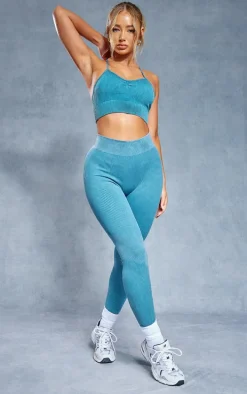 Dark Blue Acid Wash Seamless Rib High Waist Gym Leggings