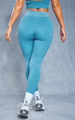 Dark Blue Acid Wash Seamless Rib High Waist Gym Leggings