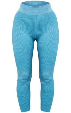 Dark Blue Acid Wash Seamless Rib High Waist Gym Leggings