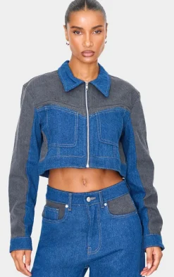 Dark Blue And Black Contrast Panel Cropped Denim Jacket