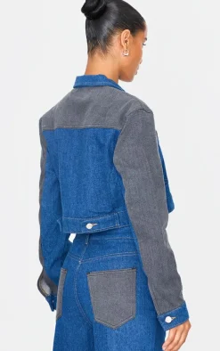 Dark Blue And Black Contrast Panel Cropped Denim Jacket