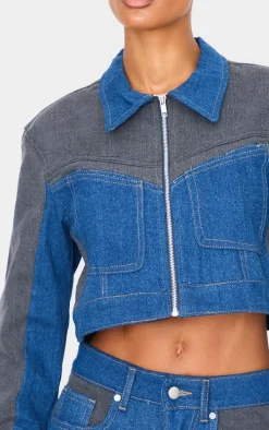 Dark Blue And Black Contrast Panel Cropped Denim Jacket