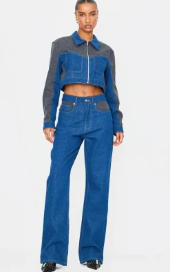 Dark Blue And Black Contrast Panel Wide Leg Jeans