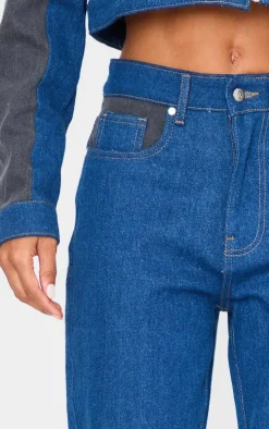 Dark Blue And Black Contrast Panel Wide Leg Jeans