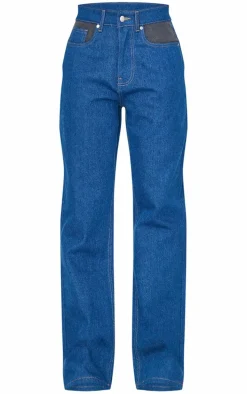 Dark Blue And Black Contrast Panel Wide Leg Jeans