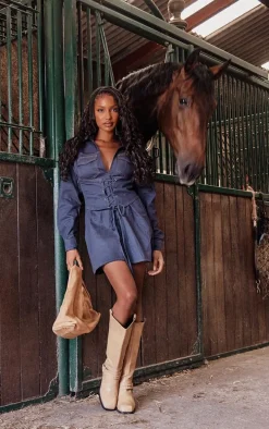 Dark Blue Contrast Stitch Denim Look Corset Shirt Dress