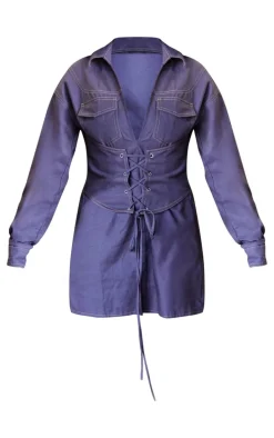 Dark Blue Contrast Stitch Denim Look Corset Shirt Dress