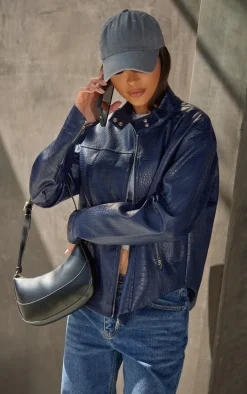 Dark Blue Croc Faux Leather Zip Up Jacket