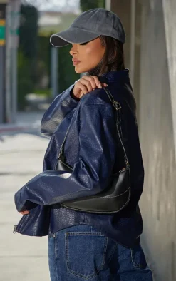 Dark Blue Croc Faux Leather Zip Up Jacket