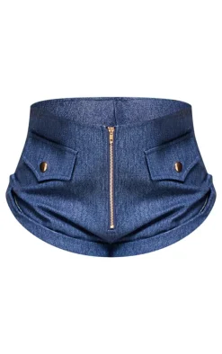 Dark Blue Faux Denim Zip Up Detail Hot Pants