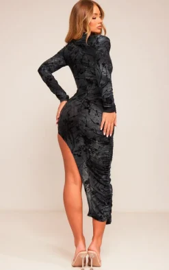 Dark Blue Floral Devore Soft Touch Long Sleeve Splt Maxi Dress