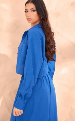 Dark Blue Linen Look Cropped Pocket Detail Shirt