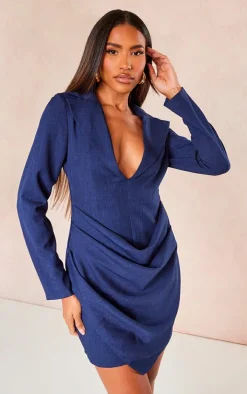 Dark Blue Linen Look Drape Detail Blazer Dress