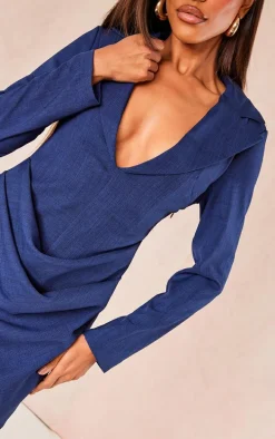 Dark Blue Linen Look Drape Detail Blazer Dress