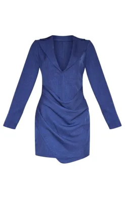 Dark Blue Linen Look Drape Detail Blazer Dress