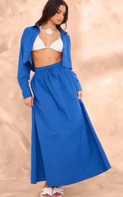 Dark Blue Linen Look Drawstring Waist Maxi Skirt