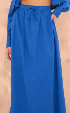 Dark Blue Linen Look Drawstring Waist Maxi Skirt
