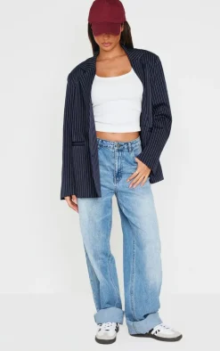 Dark Blue Pinstripe Double Breasted Oversized Blazer