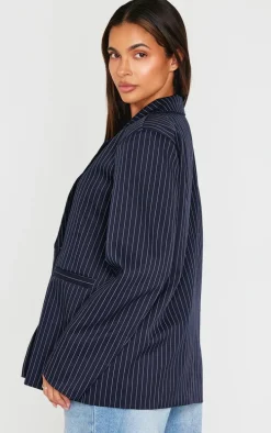 Dark Blue Pinstripe Double Breasted Oversized Blazer