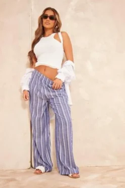 Dark Blue Pinstripe Linen Look Elasticated Waist Pants