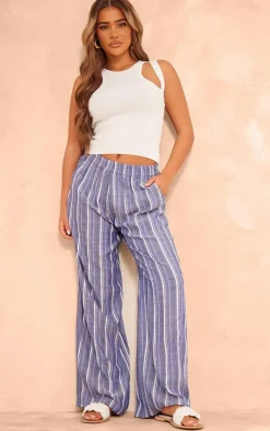 Dark Blue Pinstripe Linen Look Elasticated Waist Pants