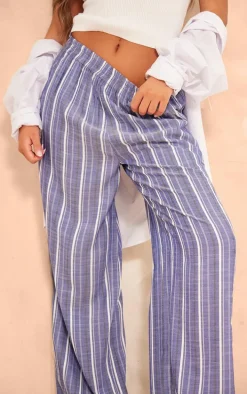 Dark Blue Pinstripe Linen Look Elasticated Waist Pants