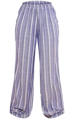 Dark Blue Pinstripe Linen Look Elasticated Waist Pants