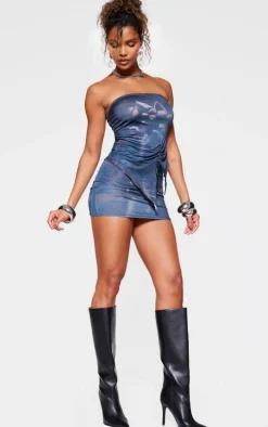 Dark Blue Print Slinky Ruched Asymmetric Bandeau