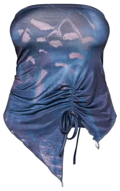 Dark Blue Print Slinky Ruched Asymmetric Bandeau