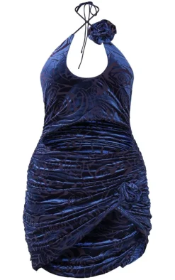 Dark Blue Printed Devore Rose Applique Cut Out Ruched Mini Dress