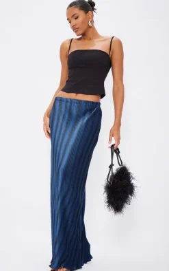 Dark Blue Printed Plisse Maxi Skirt