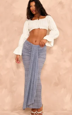 Dark Blue Sheer Textured Drape Front Maxi Skirt