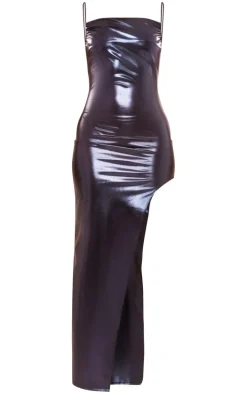 Dark Blue Skinny Strap Thigh Spilt Metallic Maxi Dress