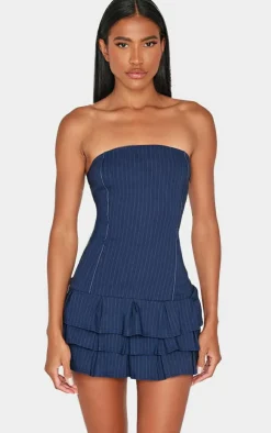 Dark Blue Stitch Detail Bandeau Frilled Shift Dress