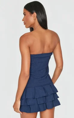 Dark Blue Stitch Detail Bandeau Frilled Shift Dress