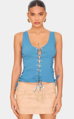 Dark Blue Stretch Woven Lace Up Long Top