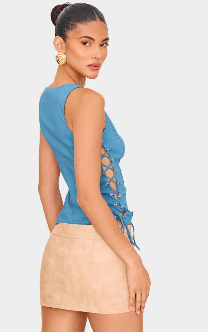 Dark Blue Stretch Woven Lace Up Long Top