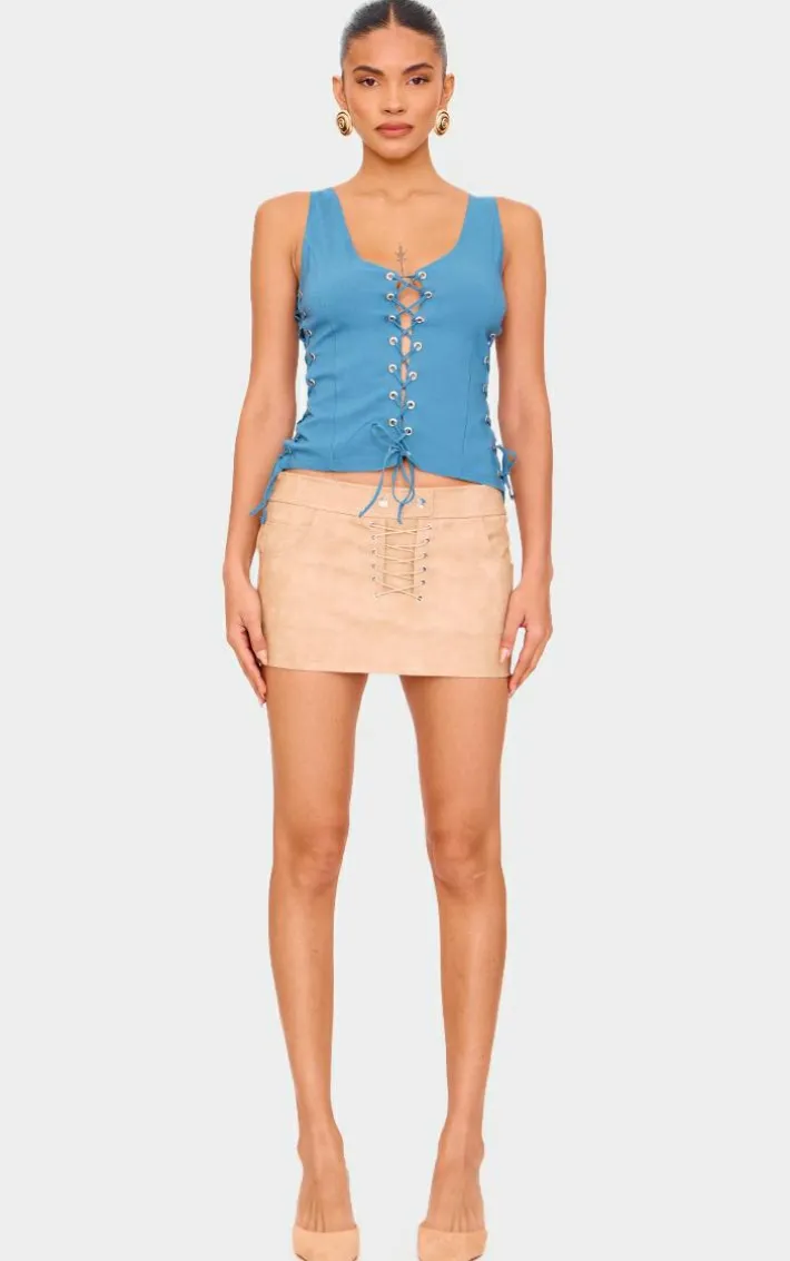 Dark Blue Stretch Woven Lace Up Long Top