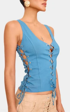 Dark Blue Stretch Woven Lace Up Long Top