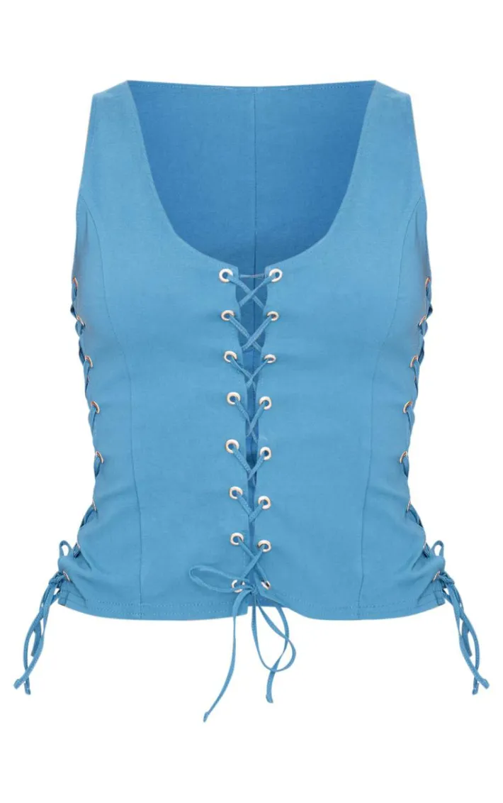 Dark Blue Stretch Woven Lace Up Long Top