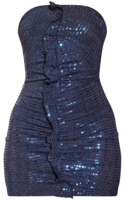 Dark Blue Textured Metallic Ruched Front Ruffle Bandeau Bodycon Dress