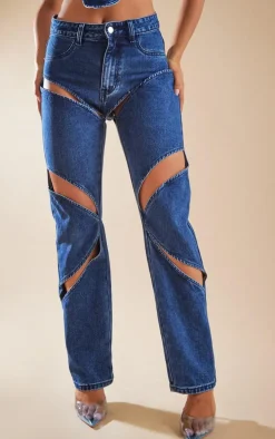 Dark Blue Wash Cut Out Thigh Straight Leg Jeans
