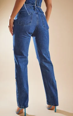 Dark Blue Wash Cut Out Thigh Straight Leg Jeans